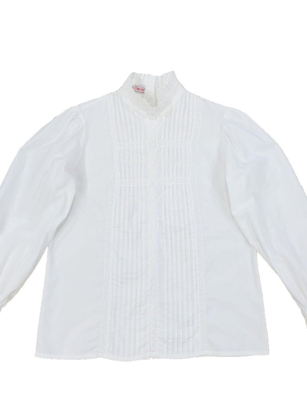 Vintage Orvis Victorian Ruffle Pin-Tuck Lace Blouse L-XL, High Collar, White